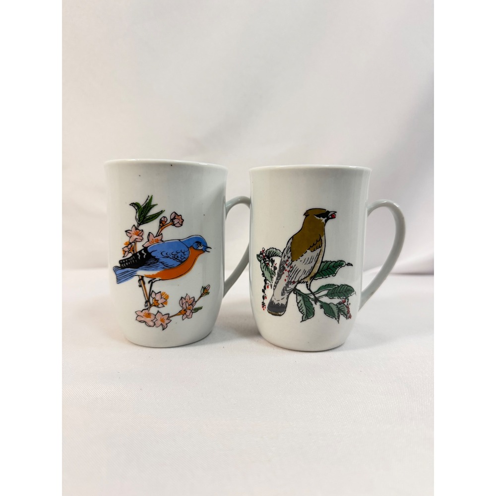 Leonard Porcelain Poland Bird Mugs Set of 2 Bluebird Cedar Waxwing White 4in - Picture 2 of 5
